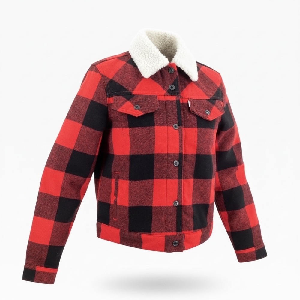 Levi's Women's Buffalo Plaid Sherpa Trucker Jacket Red Black Wool Blend S